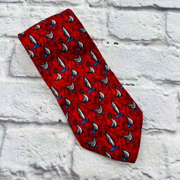 Givenchy Gentleman Men's Red‎ Penguin Print 100% Silk Neck Tie 59" x 3.75" - Picture 1 of 9